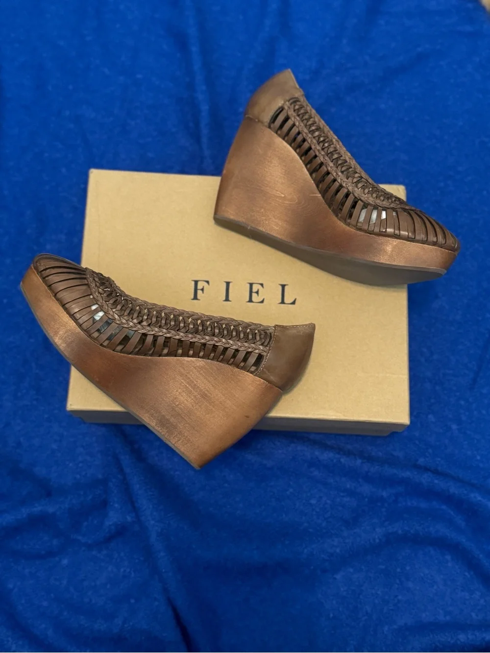 FIEL Brown Braided Leather Women's Wooden Wedges - New with Box